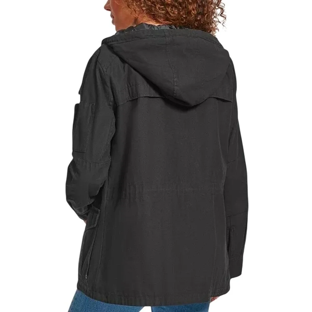 Levi's Women Medium Black Denim Field Jacket Hooded‎ Military Utility Cargo Coat